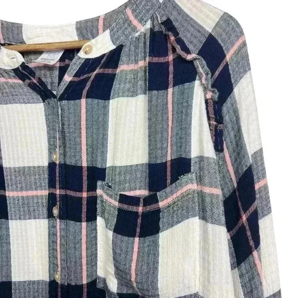 Time and Tru Maternity Blue and Pink Plaid Ruffle Button Down | Size Large - Picture 4 of 4